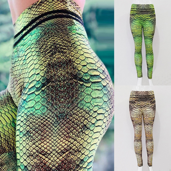Womens Wet Look Ruched Push Up Leggings Yoga Pants Snake Grain Sports Trousers 