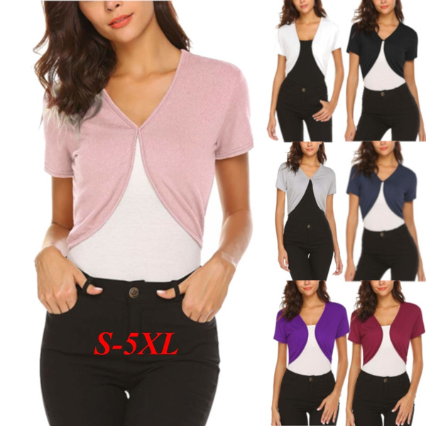 SELX Women Short Sleeve Open Front Knit Cropped Bolero Shrug Cardigan 
