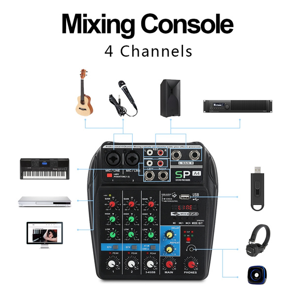 4 Channels Mixing Console Individual +48v Effects Bluetooth Usb