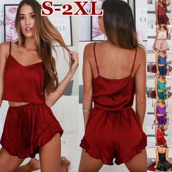 Women s Fashion Silk Pajamas Short Sets Satin Sleepwear Crop Cami Tops Short Pants Two Pieces Pajamas Sets