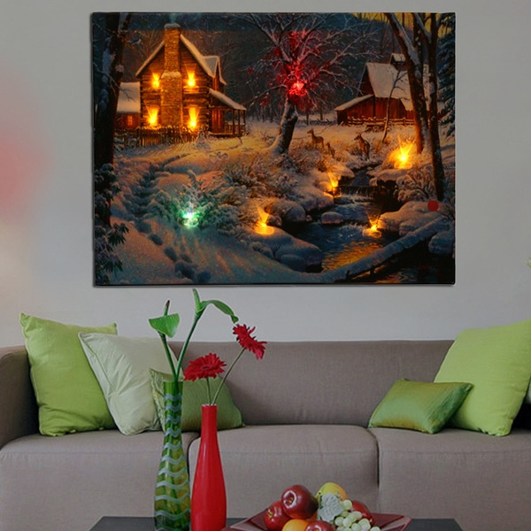 Snow Cabin Canvas Art Picture, Led Light Up Canvas Wall Art