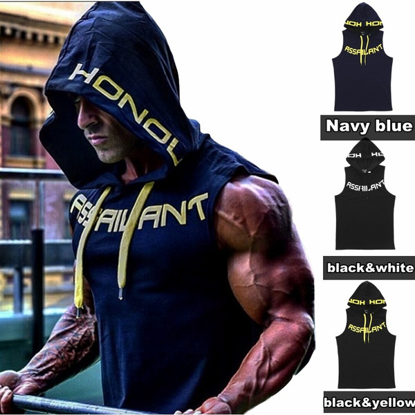 Men's Gym Sleeveless Hoodie Bodybuilding Tank Top Muscle Workout Vest ...