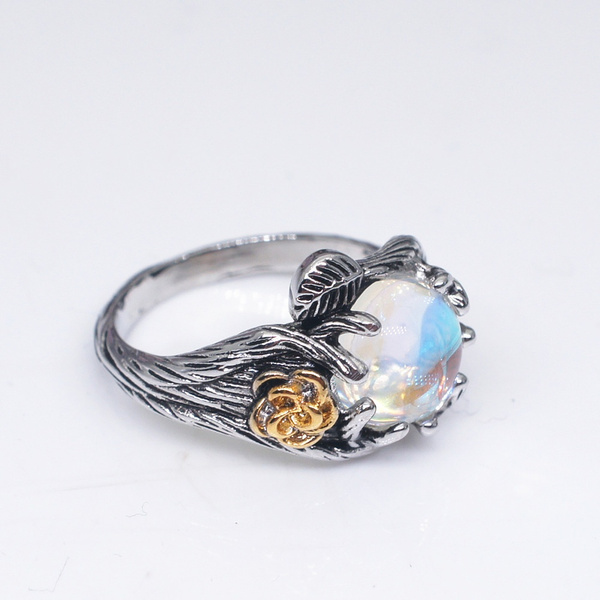 Women Fashion Vintage Moonstone Rings Flower Leaf Finger Ring Lover Gift