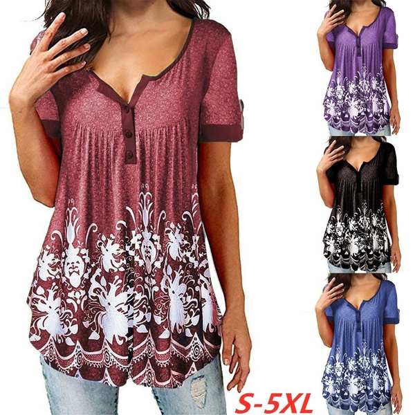 Women Summer V-neck Button Printed Short Sleeve Blouse Casual Pleated ...