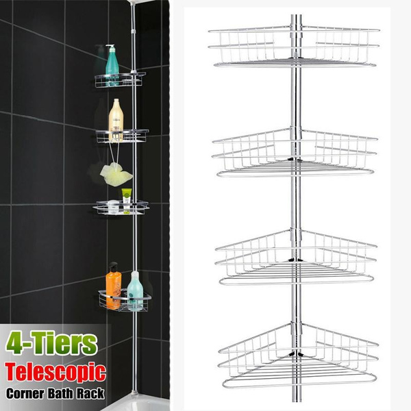Bathroom Shower Corner Metal Tension Pole 4 Baskets Storage Rack Shelf ...