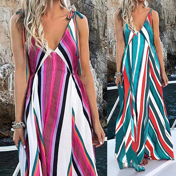 Women Fashion Sexy V neck Striped Print Straps Long Skirt Beach Skirt Long Dresses Neon Lights Multicolor Maxi Dress S 5XL Wish