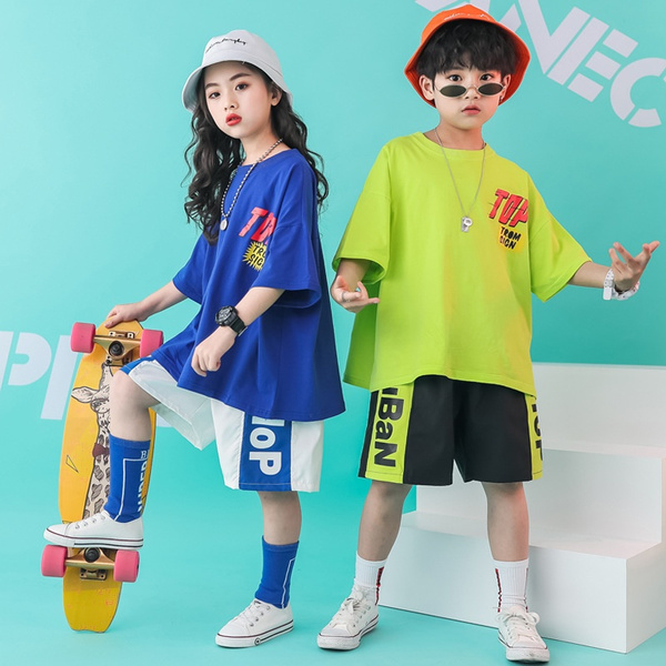 Summer Kids Hip Hop Outfits Children Jazz Costume Tee Two-Piece Sets Boys &  Girls Tee + Hip-Hop Shorts Suits 4-13 Years