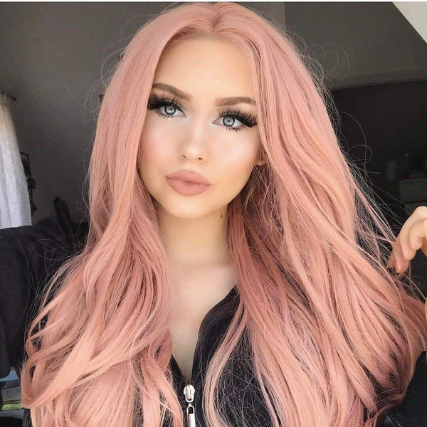 Lace Front Wigs Rose Gold Synthetic Lace Front Wig Long Wavy Natural Hairline Heat Resistant Fiber Hair Natural Looking Peach Pink Glueless Wigs For