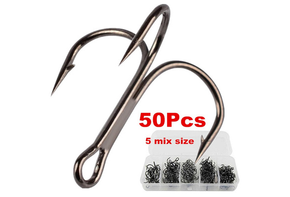 50pcs/box Carbon Steel Treble Fishing Hooks for Hard Lure Round Bent Triple  Fishhooks