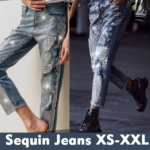 Distressed sequin denim store jeans