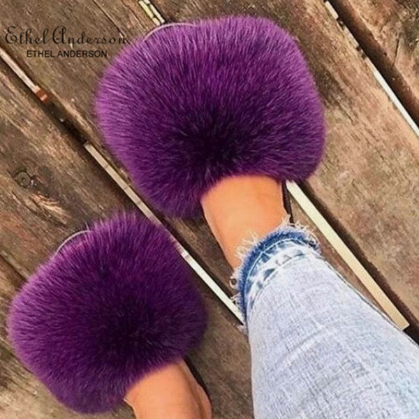28 Colors Real Fur Slippers Women Fox Fluffy Sliders Comfort with Feathers Furry Summer Flats Sweet Ladies Shoes Plus Size 36-45,18,9.5