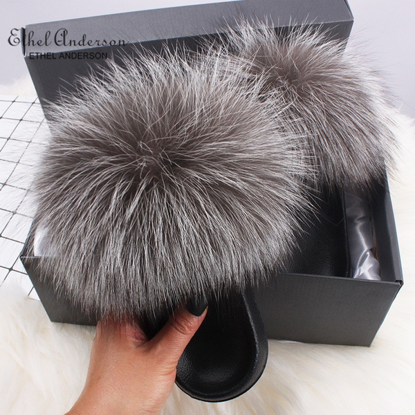 “Silver Fox“  Large Fluffy Real Fur Slides Slipper Flat Sandal 2019 Women Shoes