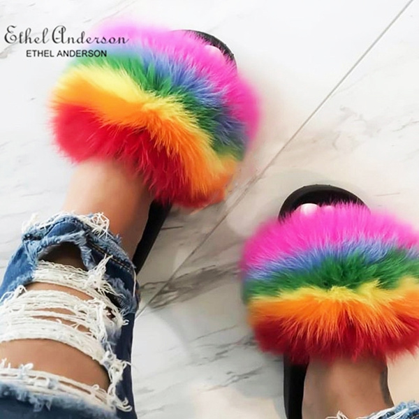 Rainbow Multicolored Real Fox Fur Slides Slippers Soft Flat Sandals Shoes