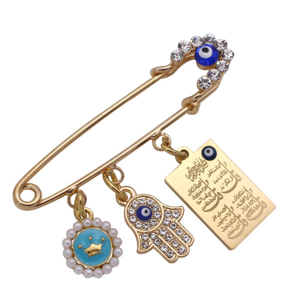 Musulman Islam Coran Quatre Qul Suras Hamsa Main De Fatima Turc Mauvais œil En Acier Inoxydable Rose Broche Bebe Broche Wish
