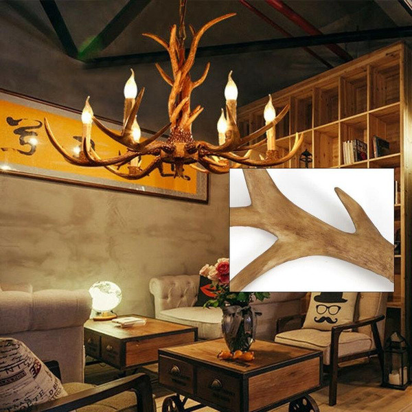 Retro Resin Antler Chandelier Light Deer Horn Restaurant Dining Pendant Lamp Wish