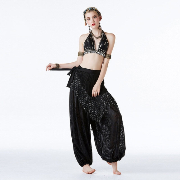 New Women ATS Tribal Belly Dance Bra Belt pants Costume Set 3 pcs Push Up  with Coin Gypsy Bellydance Hip Scarf Full Pantaloons