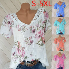 Plus Size Women Fashion Trendy Short Sleeve Lace Up Floral Print Blouses Tops & T-Shirts Casual Summer Lace Stitching Shirts