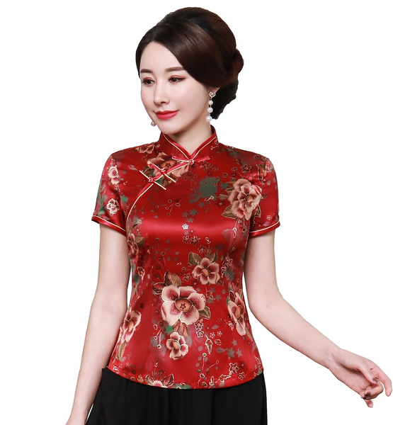Shanghai Story Cheongsam Short Sleeve Top Faux Silk Chinese Blouses Red | Wish