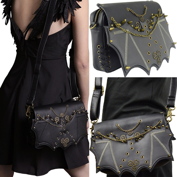 Punk Gothic Men Women Messenger Shoulder Bag Vintage Fashion Steampunk  Rivets Cross Body Bag Black PU Leather Envelope Bags
