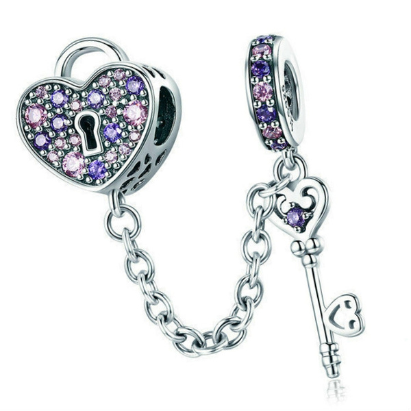 NEW DIY Fashion 925 sterling Silver Heart key panda European and American  CZ Charm Crystal Big Hole Spacer Beads Pendant Fit Necklace Bracelet DIY  Jewelry Making Hot 详情