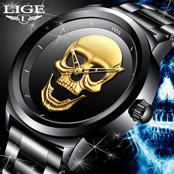 LIGE Mens Skull Military Sports Waterproof Stainless Steel Quartz