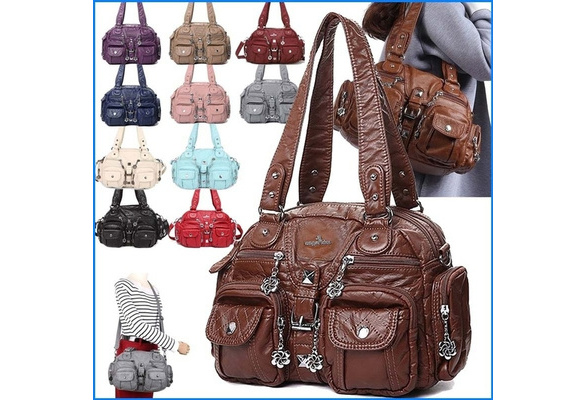 Cheap Washed Leather Women's Back Shoulder and Hand Bag Multi-Pocket VIP
