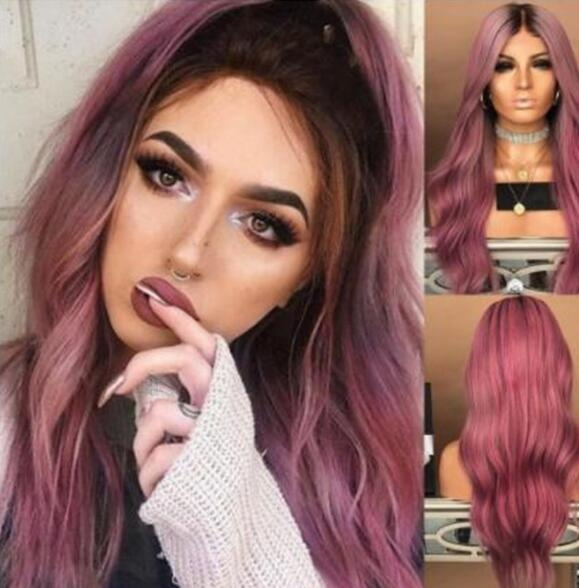 65 cm Pink Red Brown Purple Ombre Long Curly Wig Boby Wavy Wigs for Women  Synthetic Heat Resistant Party Wigs Natural Looking | Wish