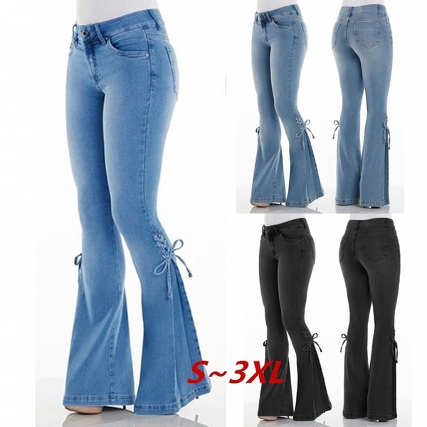 Pantalones vaqueros acampanados elásticos de cintura baja Vintage para  mujer, pantalones vaqueros ajustados con parte inferior de campana de  estilo retro, pantalones vaqueros de pierna ancha azul oscuro para mujer,  talla grande