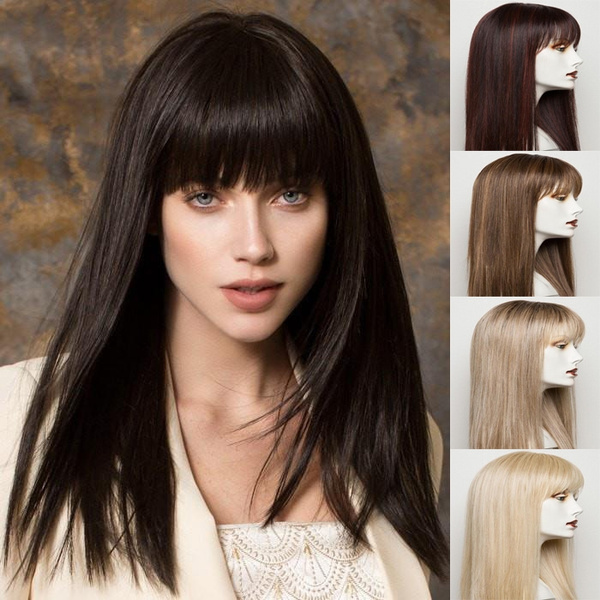 Synthetic Wig Natural Straight Long Wigs With Full Bangs 18 Inches