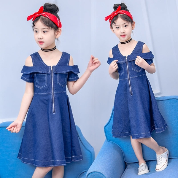 Fancy Printed Denim Dress With Puffed Sleeves For Girls – Lagorii Kids