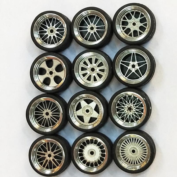 1:64 Scale Model Car Wheels Parts Alloy Wheel Rubber Tire Sets 