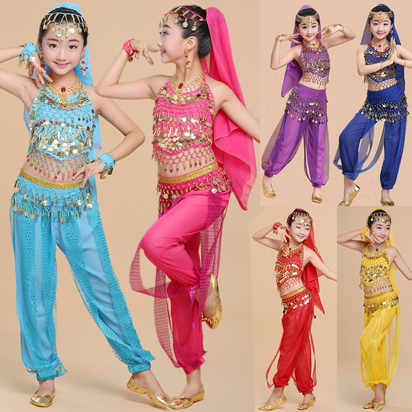 2-14Y Children Girls Kids Belly Dance Costume Tulle Top Pants Dancewear  Performance Suit