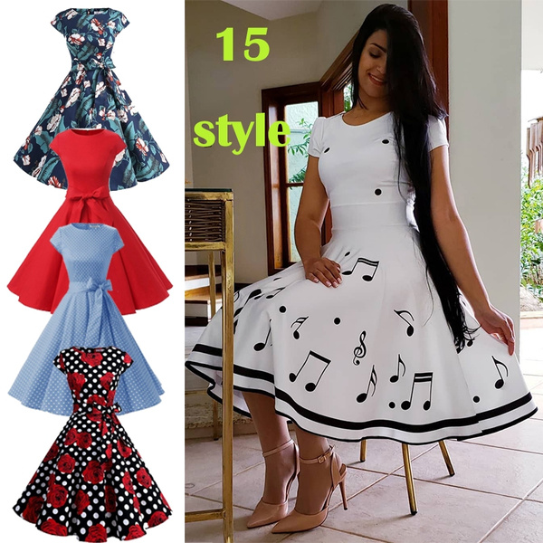 Dermanony Womens 50s Vintage Dress Winter Long Sleeve Christmas Musical Print Flare Sleeve Dress A-Line Party Dress