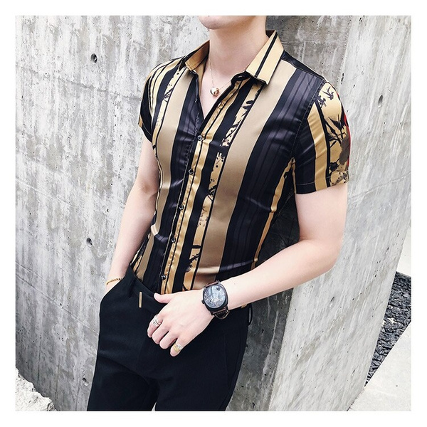Luxury Gold Black Shirt Men striped 