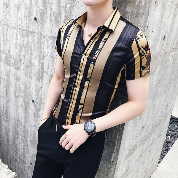 Luxury Gold Black Shirt Men striped Print shirts Short Sleeve Fashion ...