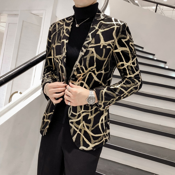 Mens Designer Flocked Damask Print Tuxedo Jacket Navy Gold Tailored Smart Blazer 
