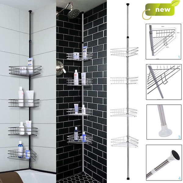 4 Tier Metal Shower Corner Pole Caddy Shelf Rack Bathroom Bath