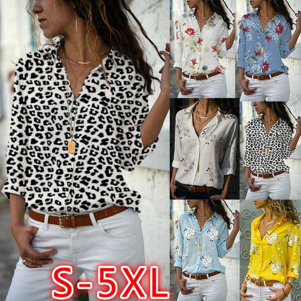Long Sleeve Shirts Ladies Leopard Print 