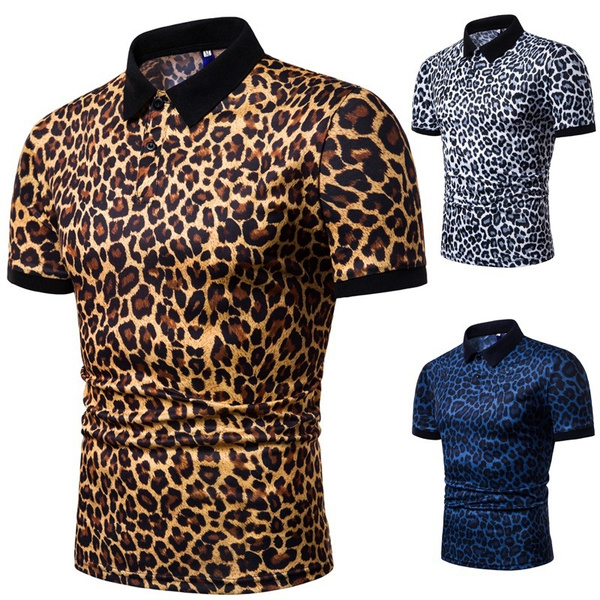 New t shirts mens fashion leopard print short sleeve t shirts lapel t shirt  stretch t shirt men plus size clothes. | Wish
