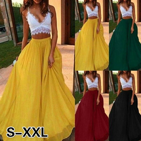Swing Maxi Skirts for Women Vintage Boho Chiffon Elastic Waist Beach Dress