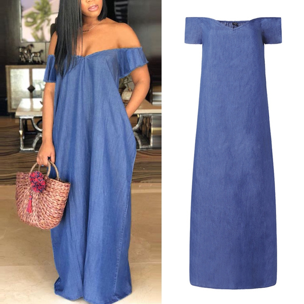 Off the shoulder outlet denim maxi dress