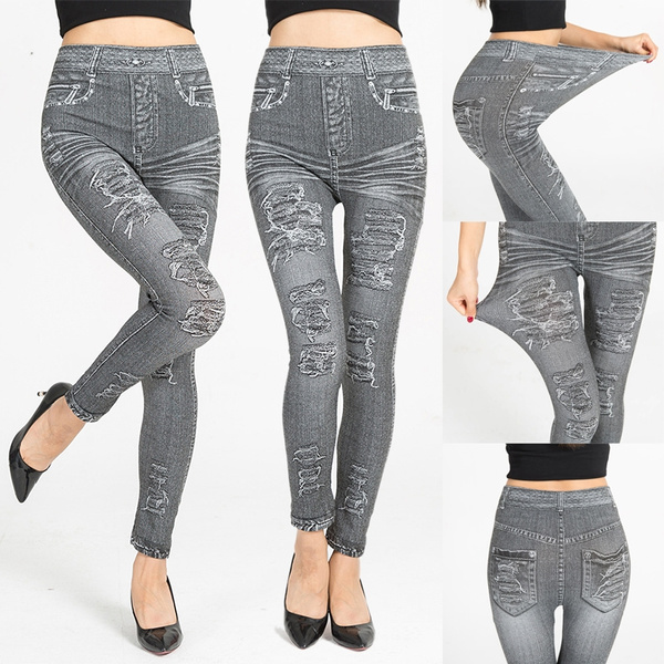 EGNMCR Women's Denim Print Fake Jeans Like Leggings Sexy Stretchy High  Waisted Slim Fit Skinny Jeggings Sporty Sweatpant at Amazon Women's Jeans  store