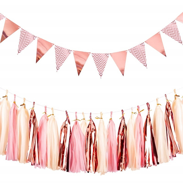 1 Set Rose Gold Paper Pennant Banner Flag with 15 Pcs Tissue Paper