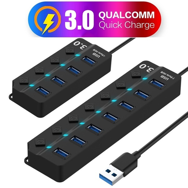 4 Ports USB 3.0 Hub with On/Off Switch AC Power Adapter For Desktop Laptop 