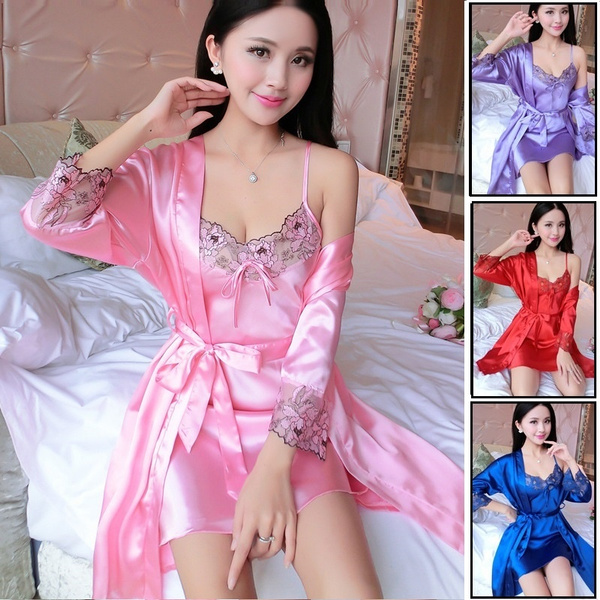 Women Fashion Soft Satin Two-Piece Pajamas Sets Ice Silk Sexy Lace