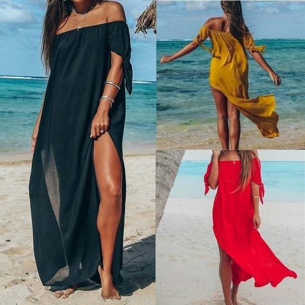 Women Summer Beach Off Shoulder Bandeau Maxi Dress Holiday Swimwear ...