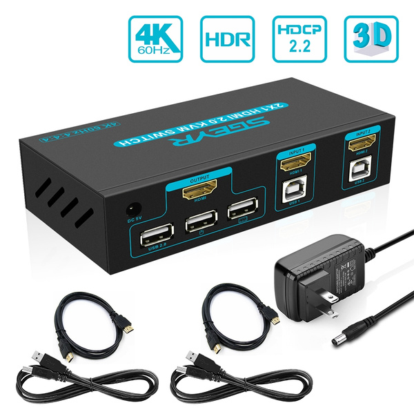 SGEYR 2 Port HDMI 2.0 KVM Switch Ultra HD 2x1 4K USB KVM Switcher  Umschalter HDMI 2 In 1 Out with Keyboard Mouse Switch,USB 2.0 Hub&Cable  Kits Support HDCP 4K@60Hz 2160p 3D