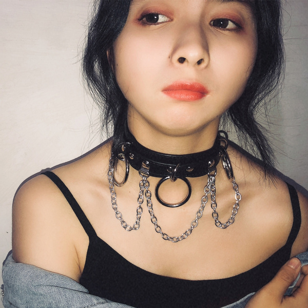 handmade Punk women gothic choker leather O rings collar choker necklace