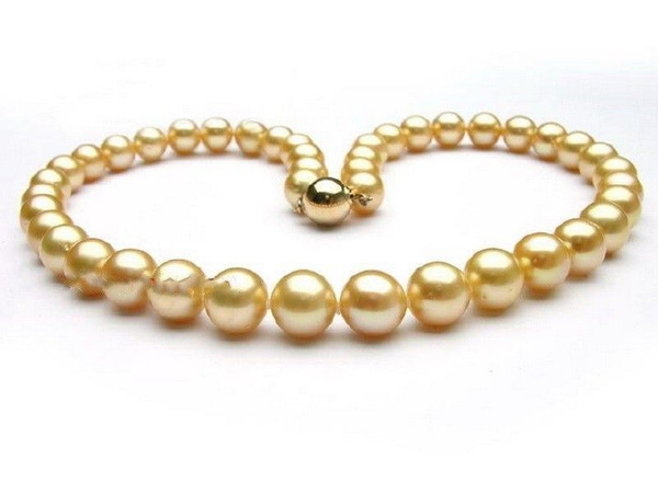 AAAAA 18"9-10MM natural real round south sea golden pearl necklace 14K gold 
