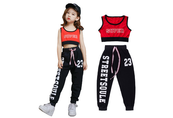 Girls Cotton Letter Crop Top Sport Suit For Dance And Hip Hop Kids